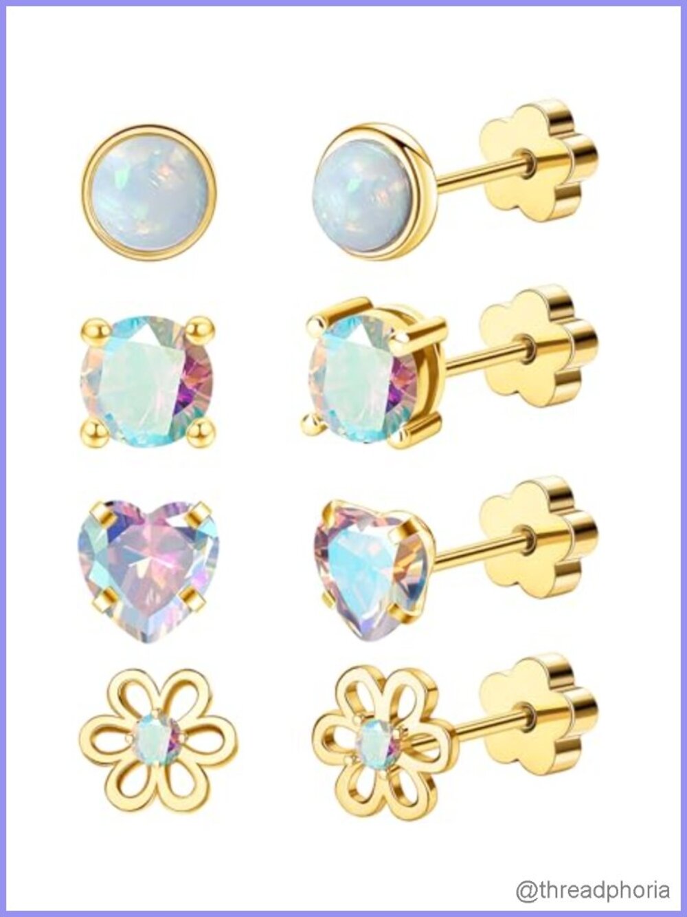 Hypoallergenic 14k Gold Surgical Steel Flat Back Stud Earrings Opal CZ 4 Pairs